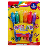 Package of 6 ct. Glitter Markers with six sparkling colors labeled as washable from skin. Package has a warning for small parts posing a choking hazard and is recommended for ages 3 and above.