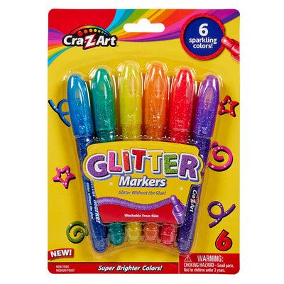 Package of 6 ct. Glitter Markers with six sparkling colors labeled as washable from skin. Package has a warning for small parts posing a choking hazard and is recommended for ages 3 and above.