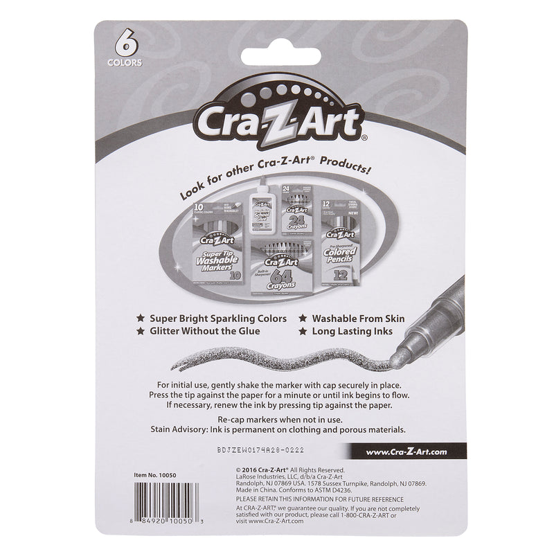 Back of a 6 ct. Glitter Markers package showing instructions, product features including super bright sparkling colors and washable from skin, and an image of other Cra-Z-Art products.