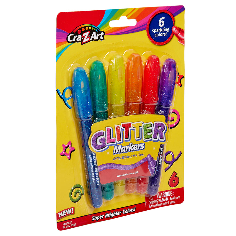 A pack of 6 ct. Glitter Markers featuring six sparkling colors. The package highlights the markers as washable from skin and suitable for ages 3 and up.