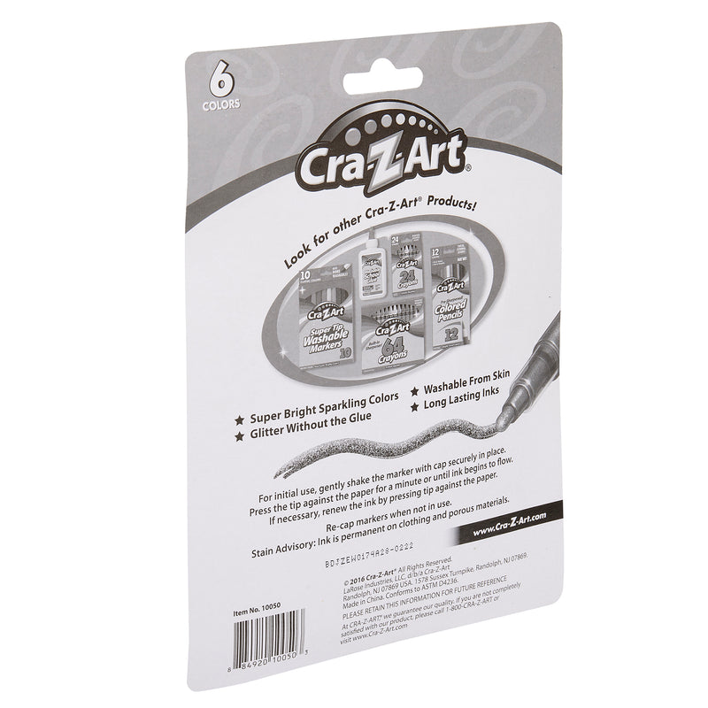 Back view of a 6 ct. Glitter Markers packaging. The package highlights features like super bright sparkling colors, glitter without the glue, washable from skin, and long-lasting inks.
