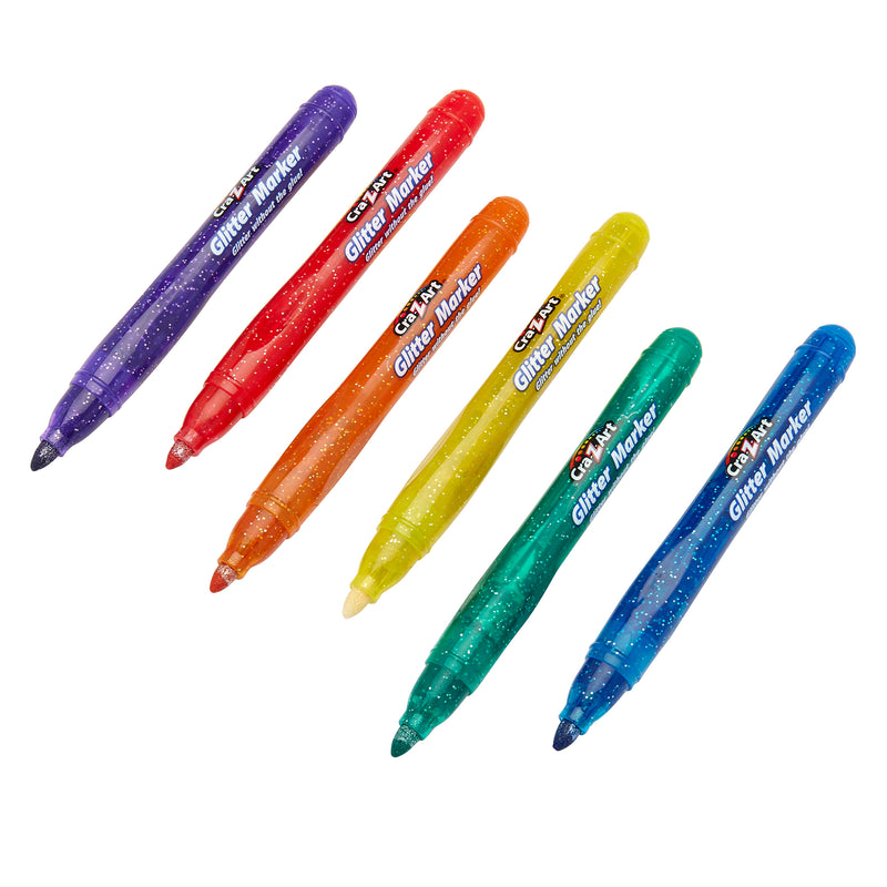 6 ct. Glitter Markers are arranged in two rows. The colors include purple, red, orange, yellow, green, and blue. Each marker features a cap and a sparkly exterior.