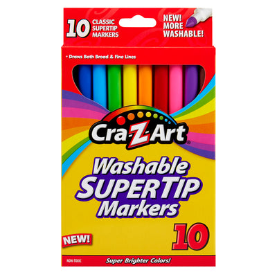 Package of Cra-Z-Art Fineline Supertip Washable 10 Count. The box is red with rainbow stripes and states "New! More Washable!".