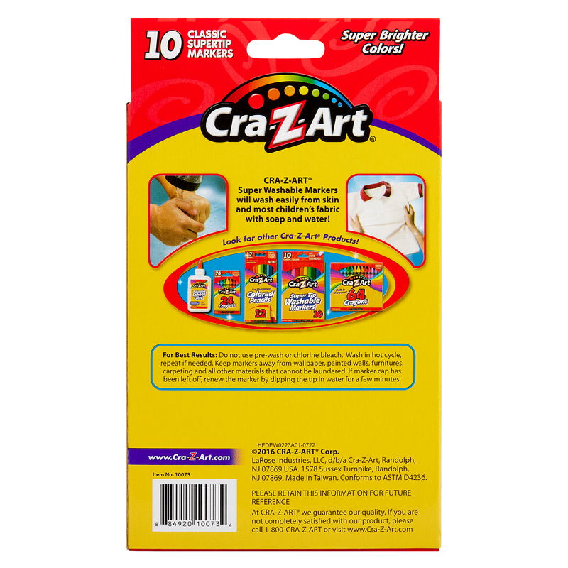 Back view of a Cra-Z-Art Fineline Supertip Washable 10 Count box, showing product information, instructions for best results, and additional product offerings. The top of the box reads "10 Classic SuperTip Markers.