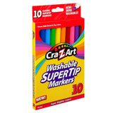 A box of Cra-Z-Art Fineline Supertip Washable 10 Count, containing 10 classic colors. The markers are advertised as new and easy to wash, suitable for drawing both broad and fine lines.