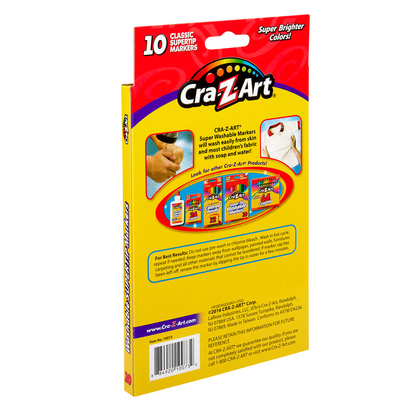 Back of a Cra-Z-Art Fineline Supertip Washable 10 Count packaging showing 10 classic supertip markers and promoting other products in the range. Includes product information and care instructions.