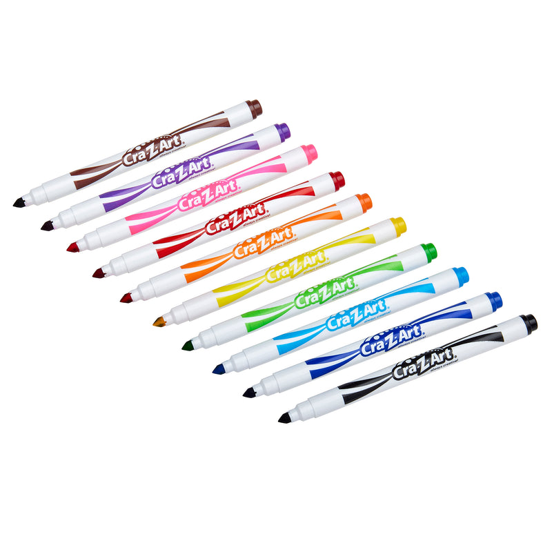 A set of ten Cra-Z-Art Fineline Supertip Washable 10 Count markers in different colors, including black, brown, red, orange, pink, yellow, green, blue, light blue, and purple, are arranged diagonally on a white background.