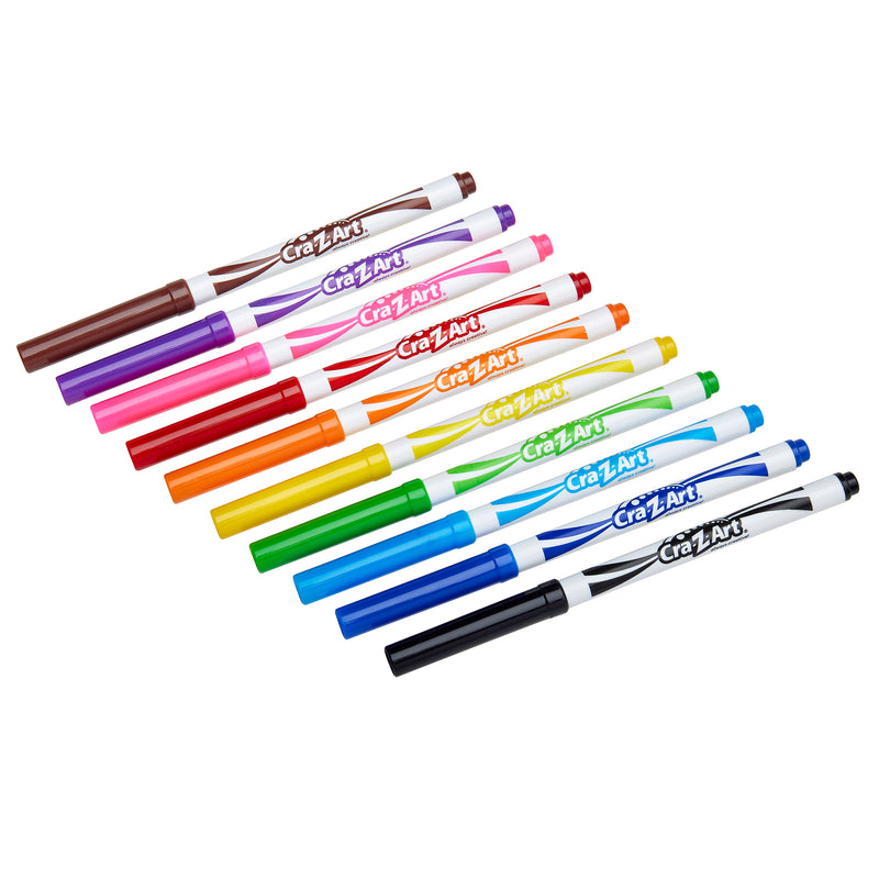 A set of Cra-Z-Art Fineline Supertip Washable 10 Count, including brown, purple, pink, red, orange, yellow, green, light green, blue, light blue, black, and a dual-tip black and gray marker.