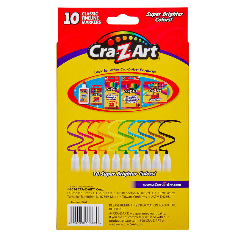 Back of a 10 ct. Fineline Washable Markers, box package, displaying 10 markers in various colors with swirled lines, along with images of other Cra-Z-Art products and product information.