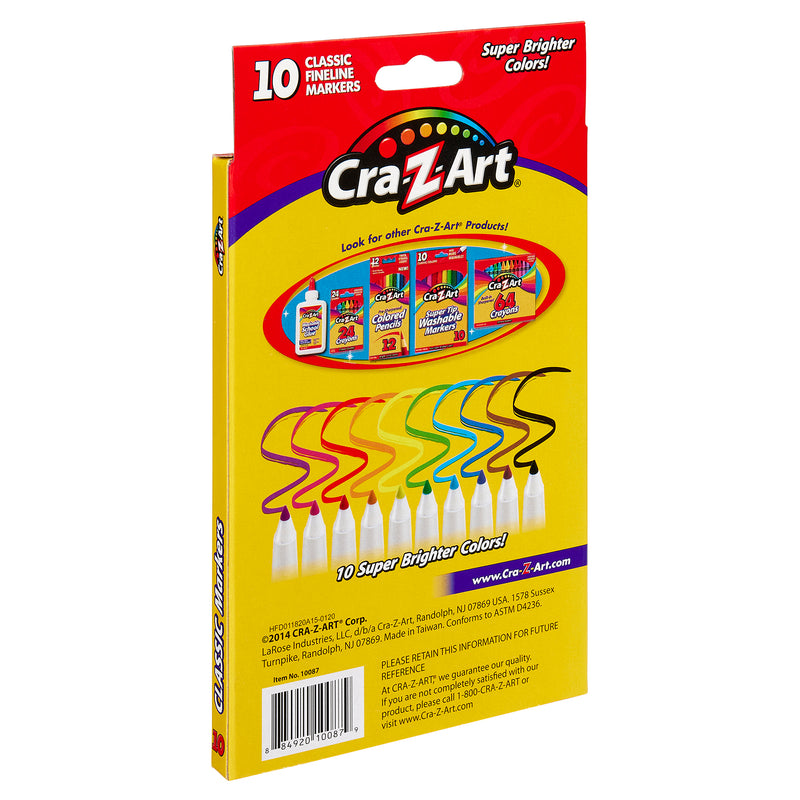 Back of a 10 ct. Fineline Washable Markers, box, package showing 10 different colored markers and an image promoting other Cra-Z-Art products. The text highlights the markers as having "Super Brighter Colors!.