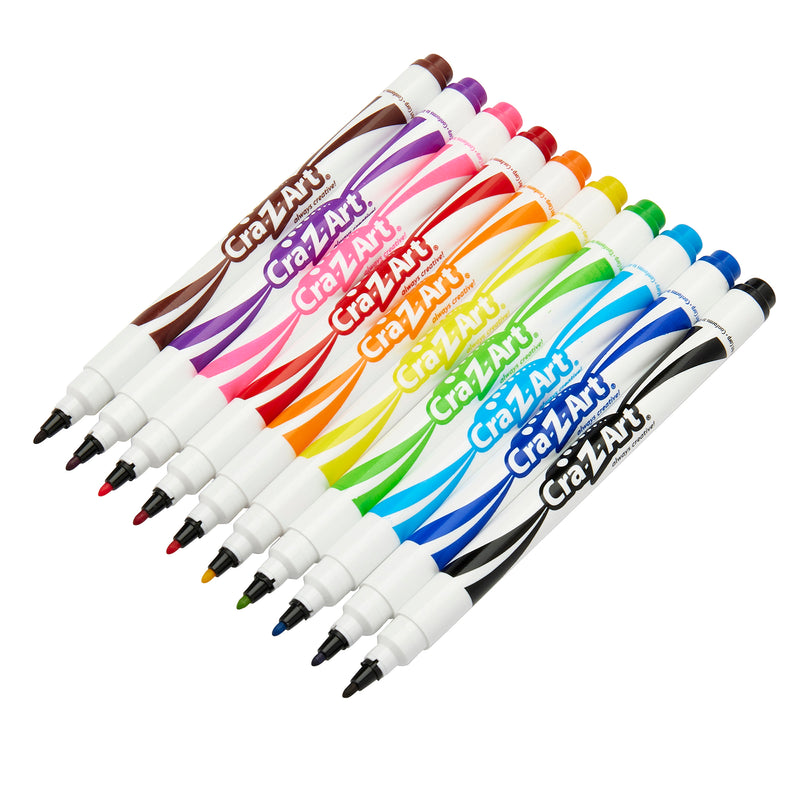 A set of 10 ct. Fineline Washable Markers, box arranged in two parallel rows. The markers are white with color-coded caps in various colors, including red, orange, yellow, green, blue, purple, and brown.