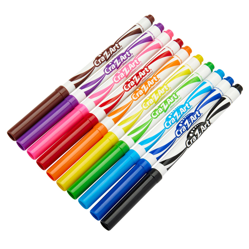 A set of 10 ct. Fineline Washable Markers, box in various colors arranged in a horizontal line. The markers have colorful caps and labels, with each marker labeled "Cra-Z-Art.