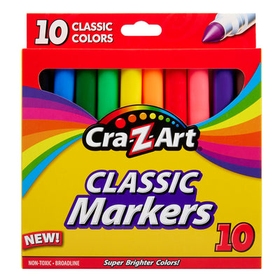A pack of 10 Cra-Z-Art Broadline Markers Washable 10 Count, featuring an array of colors, packaged in a yellow and red box with the text "Classic Markers" and "Super Brighter Colors!" on the front.