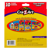 Back view of a Cra-Z-Art Broadline Markers Washable 10 Count pack showing 10 classic markers. The packaging also advertises other products including colored pencils, washable markers, crayons, and glue.