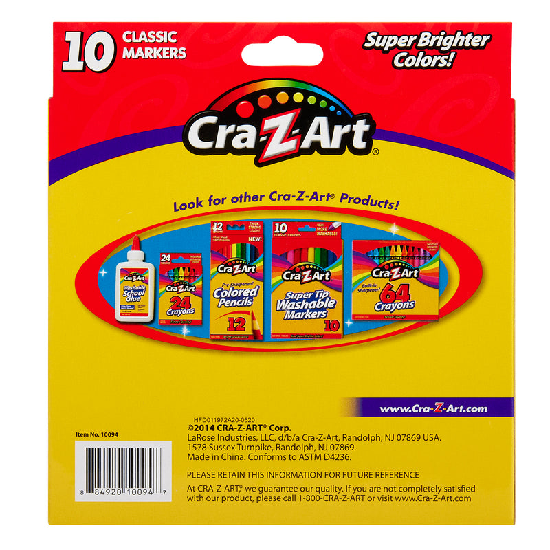 Back view of a Cra-Z-Art Broadline Markers Washable 10 Count pack showing 10 classic markers. The packaging also advertises other products including colored pencils, washable markers, crayons, and glue.
