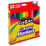 A box of Cra-Z-Art Broadline Markers Washable 10 Count with 10 broadline, non-toxic markers in classic colors. The package is bright yellow with a rainbow design.