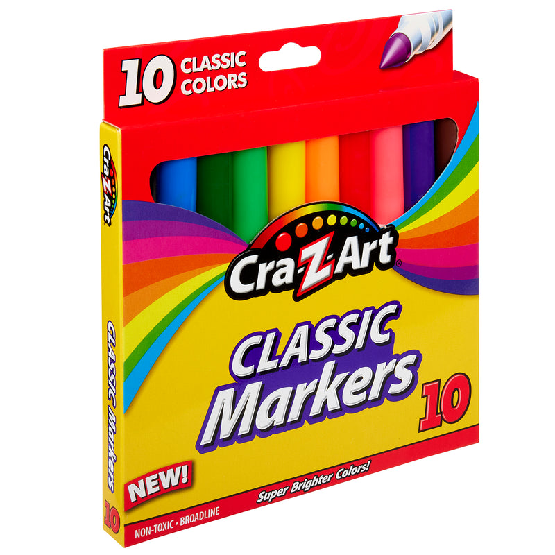 A box of Cra-Z-Art Broadline Markers Washable 10 Count with 10 broadline, non-toxic markers in classic colors. The package is bright yellow with a rainbow design.