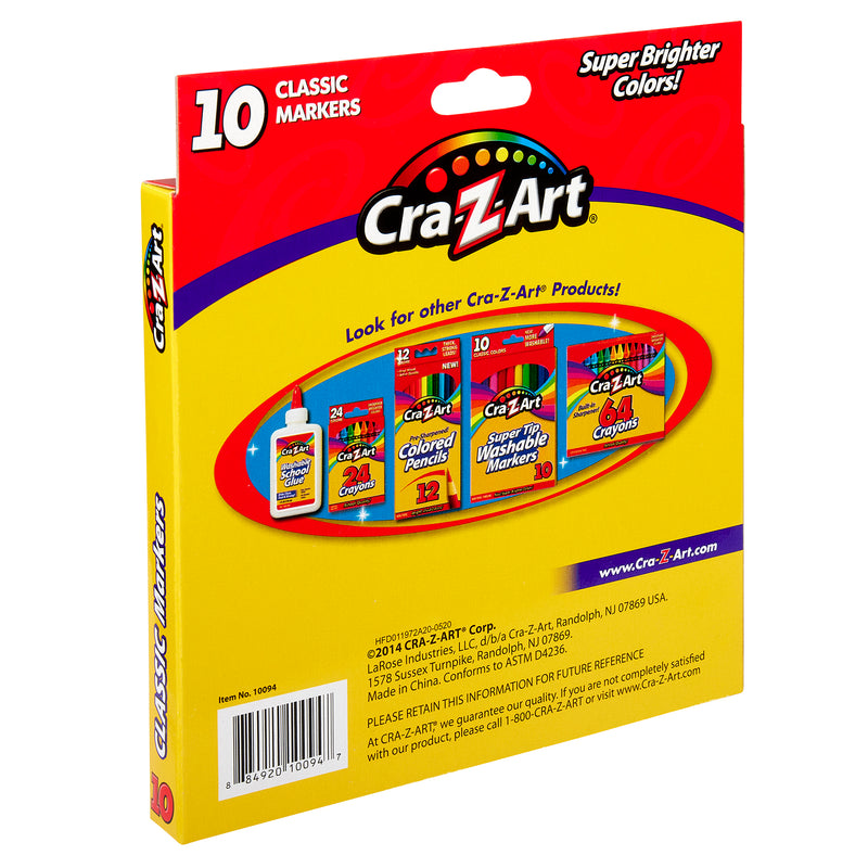 A box of Cra-Z-Art Broadline Markers Washable 10 Count with an illustration of other Cra-Z-Art products on the back. The text on the box highlights "Super Brighter Colors!" and the product barcode is visible at the bottom.