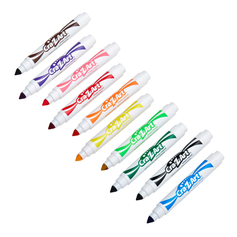 A set of ten colorful markers with white barrels labeled "Cra-Z-Art Broadline Markers Washable 10 Count" arranged in a diagonal line. Colors include black, brown, red, pink, orange, yellow, green, dark green, blue, and purple.
