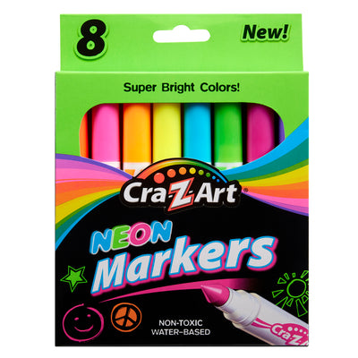 A pack of Cra-Z-Art Broadline Markers - Neon 8 Count. The pack contains eight colors with the label "Super Bright Colors!" and "Non-Toxic Water-Based." The markers are showcased with a bright, colorful design on the packaging.