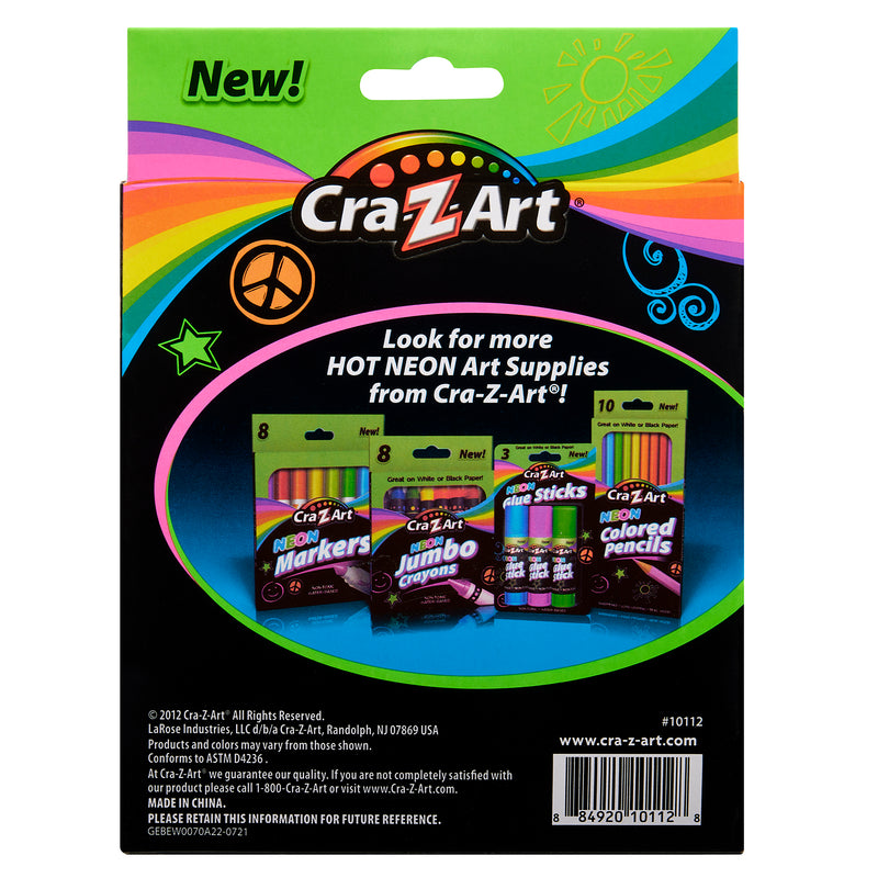 Back of a Cra-Z-Art product package displaying various art supplies, including markers, crayons, and colored pencils. The text promotes "Cra-z-art Broadline Markers - Neon 8 Count" and directs customers to more products.
