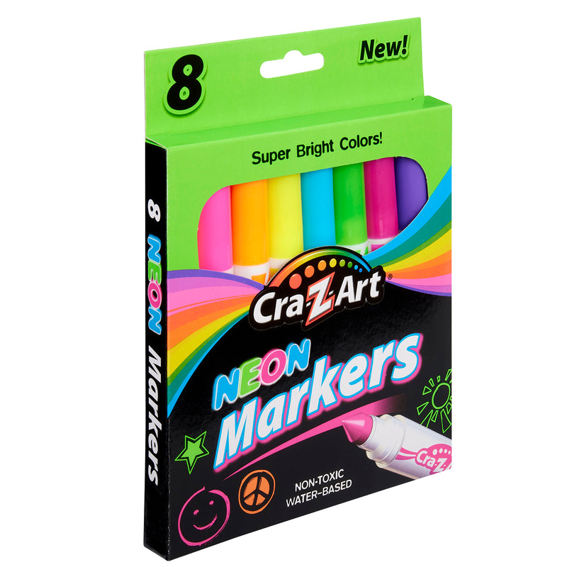 A packaged set of Cra-Z-Art Broadline Markers - Neon 8 Count. The packaging highlights "super bright colors," the markers being non-toxic and water-based. Colors visible through the packaging include pink, yellow, and blue.