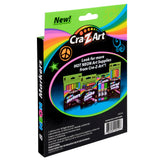 Back view of a Cra-Z-Art Broadline Markers - Neon 8 Count package, displaying vibrant designs and images of additional neon art supplies. Includes a peace symbol and a star, with a website for more information.