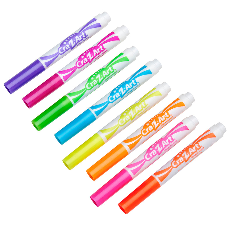 A set of eight colorful Cra-Z-Art Broadline Markers - Neon 8 Count arranged in two rows, featuring purple, green, pink, blue, yellow, orange, fuchsia and red.