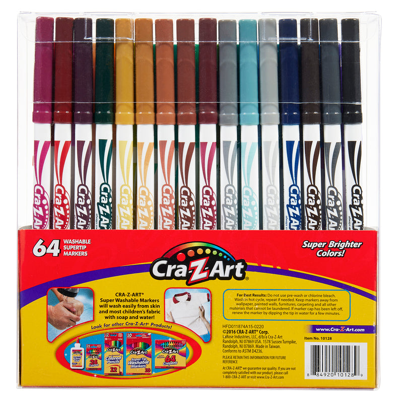 A 64-pack of Cra-Z-Art Super Tip Marker 64 Count in various colors, displayed in a plastic case with a red and yellow box. The box advertises "Super Brighter Colors!" and is labeled as non-toxic.
