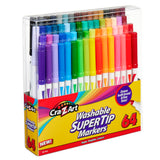 A clear plastic case of Cra-Z-Art Super Tip Marker 64 Count in various bright colors. The packaging highlights their ability to draw both broad and fine lines.