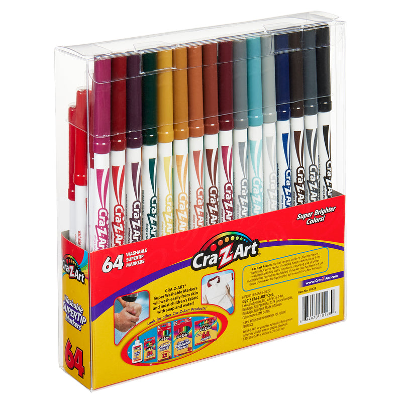 A box of Cra-Z-Art Super Tip Marker 64 Count containing 64 markers in various colors. The packaging features red and yellow accents and product details.