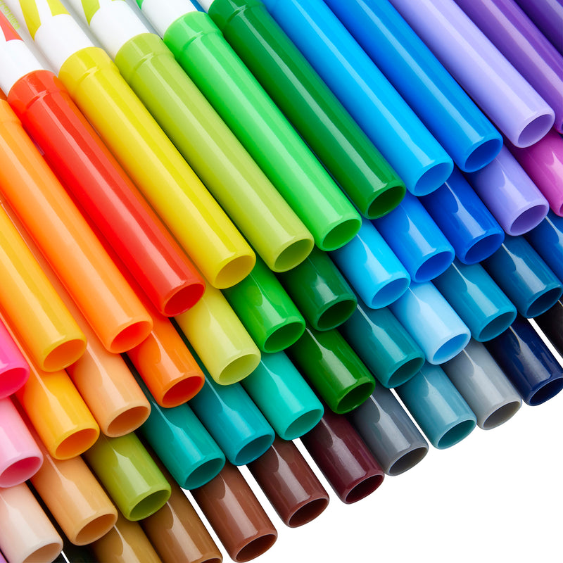 A close-up of the tips of various Cra-Z-Art Super Tip Marker 64 Count markers arranged in a diagonal pattern, showcasing a spectrum of colors from red to purple.