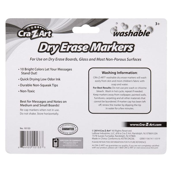 Marqueurs effaçables à sec lavables pour enfants Cra-Z-Art, paquet de 10