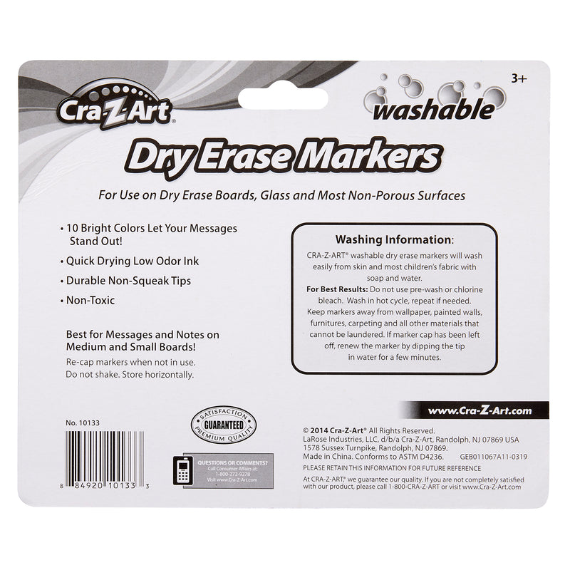 Packaging for Cra-Z-Art Kids Washable Broadline Dry Erase Markers - 10 count - Versatile and Vibrant Learning Tools for Home and Classroom! Highlights include bright colors, low odor ink, and non-toxic, non-squeak tips. Suitable for use on dry erase boards, glass, and most non-porous surfaces.
