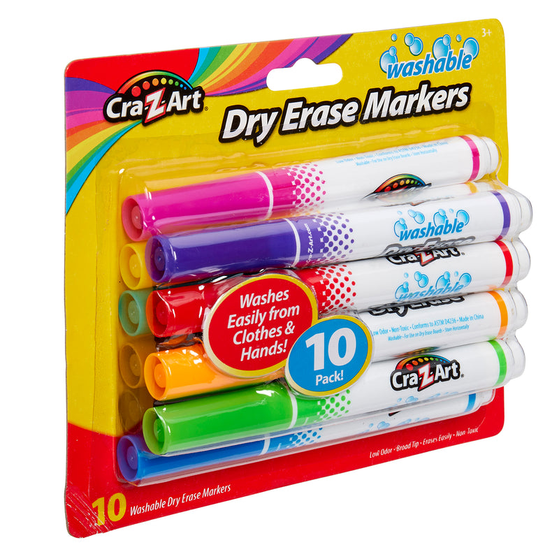 A pack of ten Cra-Z-Art Kids Washable Broadline Dry Erase Markers - 10 count - Versatile and Vibrant Learning Tools for Home and Classroom! in various colors, packaged with an emphasis on easy washing from clothes and hands.