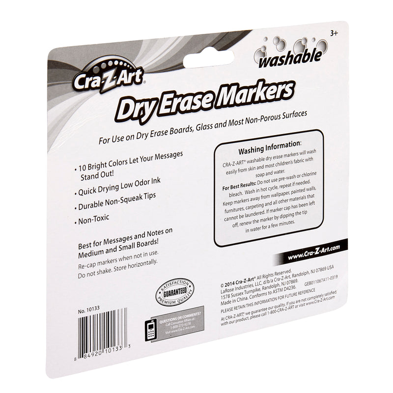 Back of a package of Cra-Z-Art Kids Washable Broadline Dry Erase Markers - 10 count - Versatile and Vibrant Learning Tools for Home and Classroom!, detailing product features such as bright colors, quick drying, non-toxic ink, and usage instructions for best results and washing information.