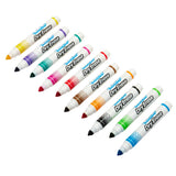 A set of Cra-Z-Art Kids Washable Broadline Dry Erase Markers - 10 count - Versatile and Vibrant Learning Tools for Home and Classroom! arranged in two rows, with caps off, showing the marker tips. Colors include yellow, orange, red, purple, brown, black, green, blue, turquoise, and lime green.