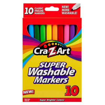 A box of Cra-Z-Art Fineline Markers - Washable 10 Count containing 10 classic fineline markers in assorted colors. The packaging features a rainbow design and promotes new, more washable ink.