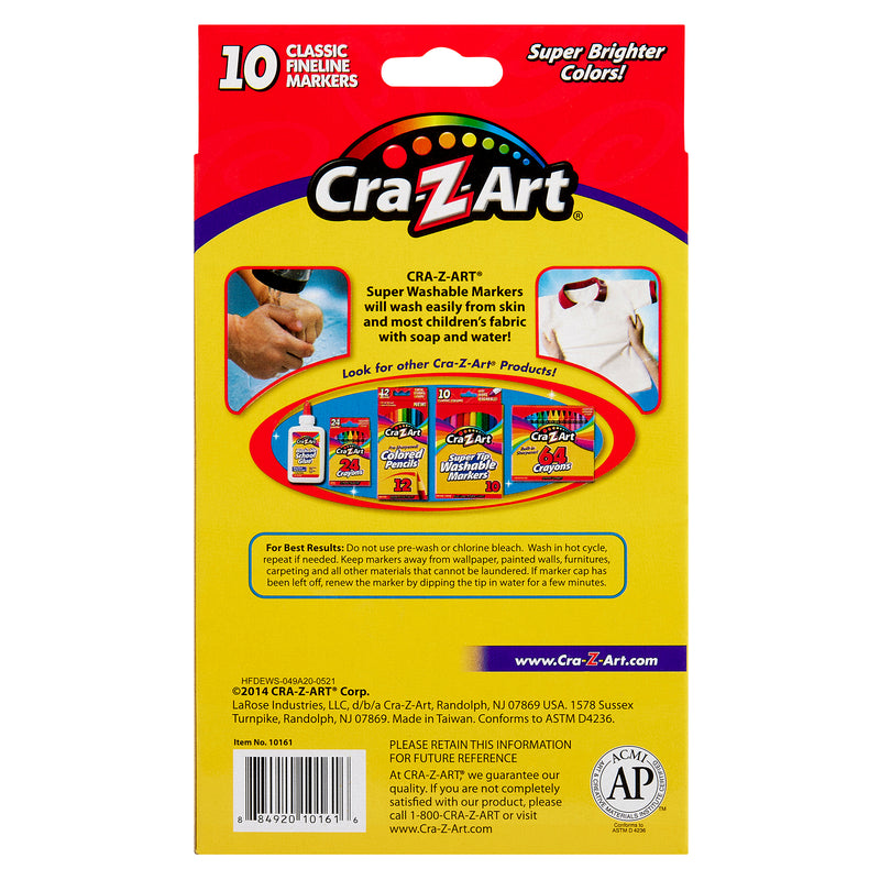 Back view of a Cra-Z-Art marker package showing Cra-Z-Art Fineline Markers - Washable 10 Count, product information, usage instructions, and additional product options. Bright colors and images are displayed.