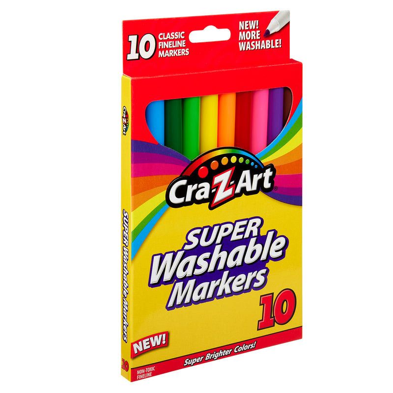 A package of Cra-Z-Art Fineline Markers - Washable 10 Count containing 10 classic fineline markers in assorted colors. The packaging is yellow with colorful stripes.