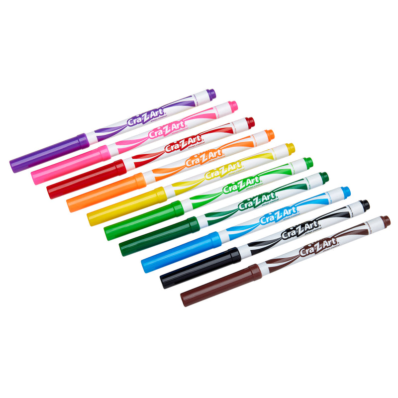 A set of ten Cra-Z-Art Fineline Markers - Washable 10 Count in various colors, arranged in a fan shape. Each marker has a matching colored cap and the brand name printed on the body.
