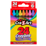 A box of Cra-Z-Art Crayons, 24 Count containing 24 different colors, labeled as "School Quality!" on the front.