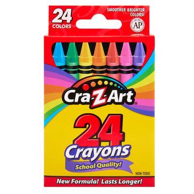 A box of Cra-Z-Art Crayons, 24 Count containing 24 different colors, labeled as "School Quality!" on the front.
