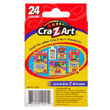 Back of a Cra-Z-Art Crayons, 24 Count packaging displaying other Cra-Z-Art product options including markers, colored pencils, and glue. A barcode and product information are visible at the bottom.