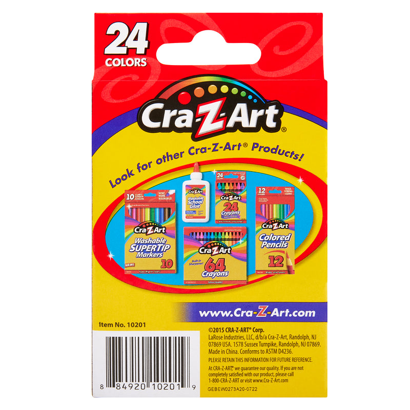 Back of a Cra-Z-Art Crayons, 24 Count packaging displaying other Cra-Z-Art product options including markers, colored pencils, and glue. A barcode and product information are visible at the bottom.