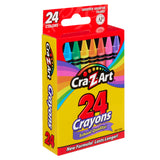 A red box of Cra-Z-Art Crayons, 24 Count with 24 colors. The box displays the text "New Formula! Lasts Longer!" and emphasizes "Smoother Brighter Colors!".