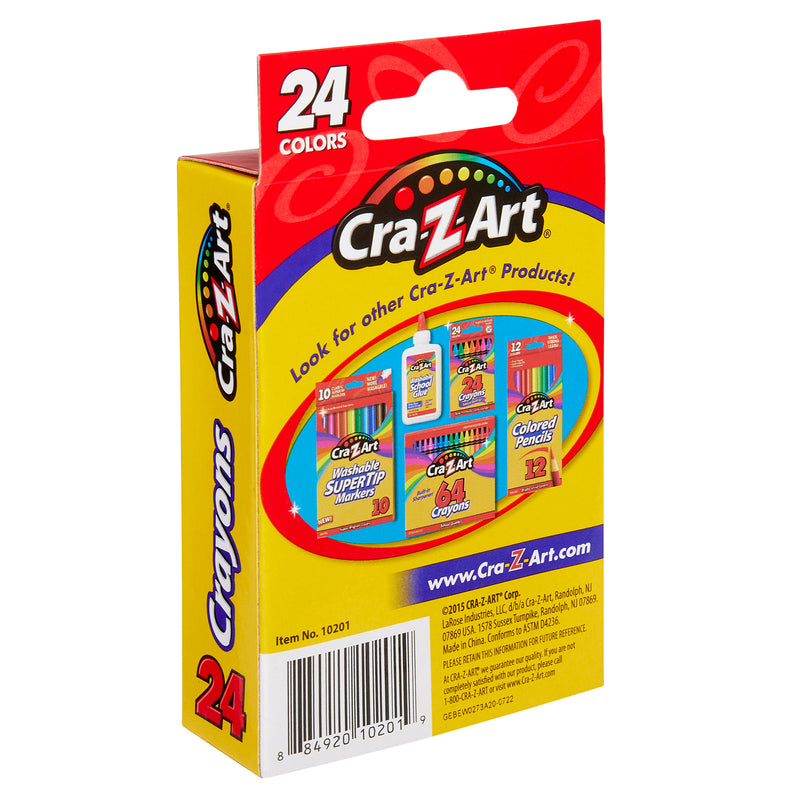 Box of Cra-Z-Art Crayons, 24 Count. The back of the box displays other Cra-Z-Art products and includes website information.