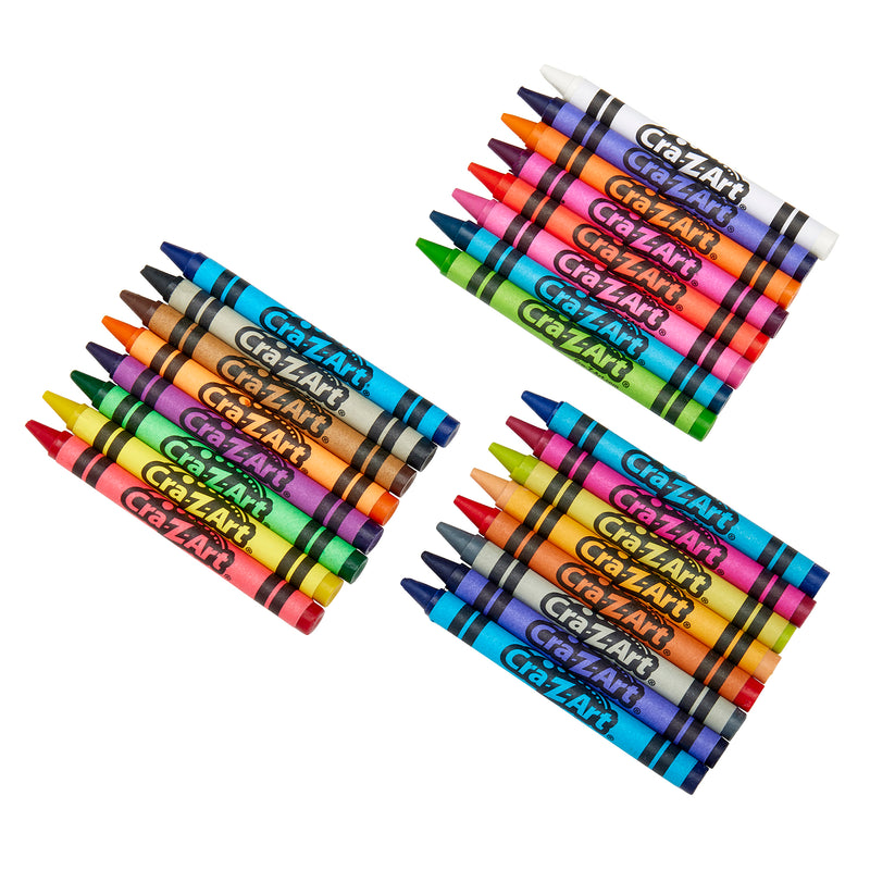 Four sets of colorful Cra-Z-Art Crayons, 24 Count arranged in stacks, each stack containing eight crayons of various colors.
