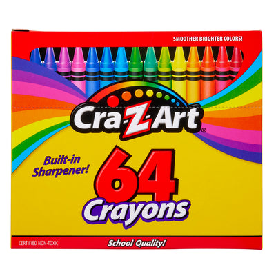 A box of 64 ct. Crayons, peggable box, featuring a built-in sharpener. The box is yellow with colorful crayons displayed on the top and rainbow graphics on the sides.
