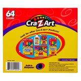 A box of 64 ct. Crayons, peggable box contains 64 colors. The packaging highlights other Cra-Z-Art products including markers, gel pens, crayons, and colored pencils. Built-in sharpener included.